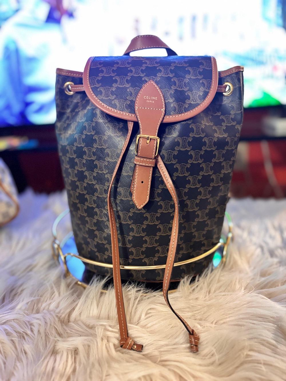 Celine Brown Leather-Trim Triomphe Canvas Backpack Like New.